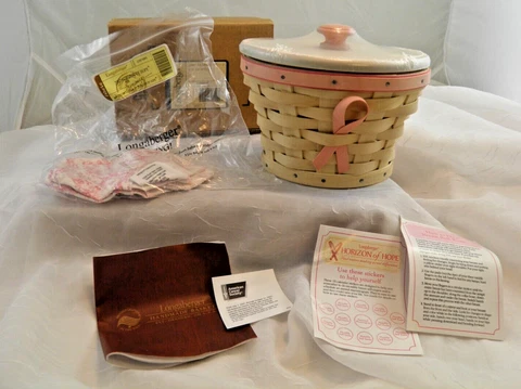 Longaberger 2007 White Washed Horizon of Hope Basket Set w/ Lid Liner Protector Cover