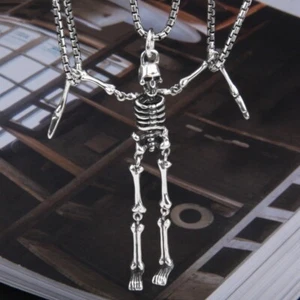 Solid Sterling Silver Halloween Movable Full Body Human Skeleton Skull Pendant - Picture 1 of 7