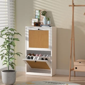 Anmytek 2-Tiers Rattan Shoes Cabinet, White S0002 - Picture 1 of 7