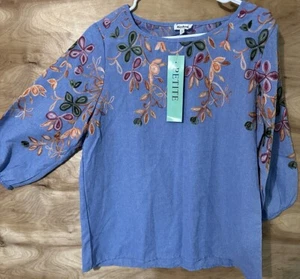 NWT Anthropologie Kindred Chambray Embroidered Peasant Boho Blouse Top PXL - Picture 1 of 7