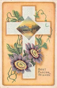 Cartolina d'epoca: Auguri di Pasqua, Passiflora e Croce, DB pubblicata 1910 - Foto 1 di 2