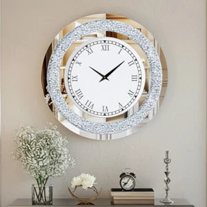 Round Mirror Clock Sparkle Crush Diamond Mirrored Wall Clock Living Room Decor - Picture 1 of 20