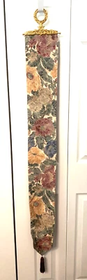 Vtg Floral Bell Pull Petite Point Embroidered Ornate Brass Tapestry Wall Scroll - Image 1 of 4
