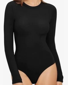 MANGOPOP Women's Crew Neck Black Long Sleeve Bodysuit Basic Top•Size Large•NWT - Picture 1 of 6