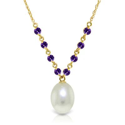 5 CTW 14K Solid gold fine Necklace 16-24" genuine Amethyst pearl - Image 1 of 4