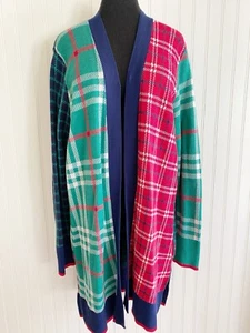 Lands End Sweater Women Large 14-16 Red Green Open Cardigan Pockets Christmas - Picture 1 of 8