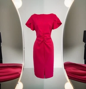 New Lipsy Size 12 Petite Pink Ruched Front Tulip Sleeve Smart Midi Dress - Picture 1 of 18