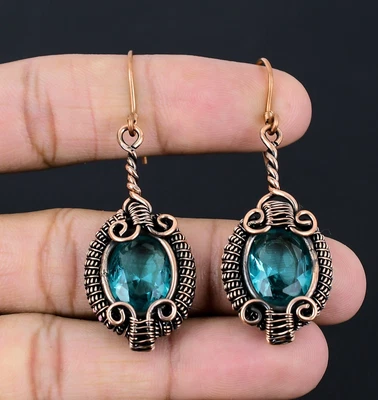 Pendientes de joyería envolventes de alambre de cobre con piedras preciosas hechas a mano de topacio azul regalo para amor Foto 1 de 4
