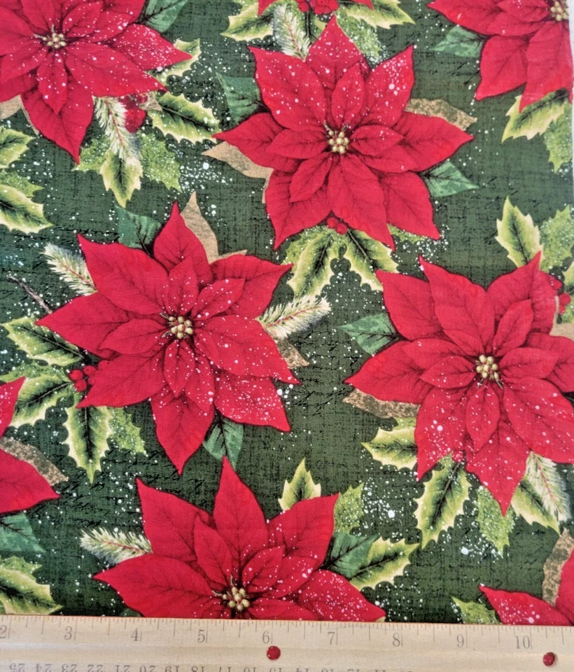 Peace on Earth Poinsettias with Snow Cotton Fabric  - Image 1 of 2