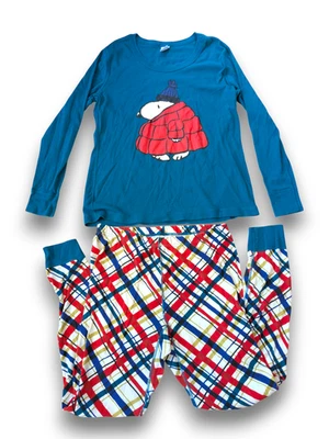 Hanna Andersson Snoopy Blue Plaid Winter Pajamas Set Adult Womens XL - Image 1 of 4