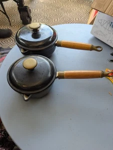 Cast Iron Pan Set x 2 Black With Wooden Handles With Lids Casserole Dish,Pan - Picture 1 of 14