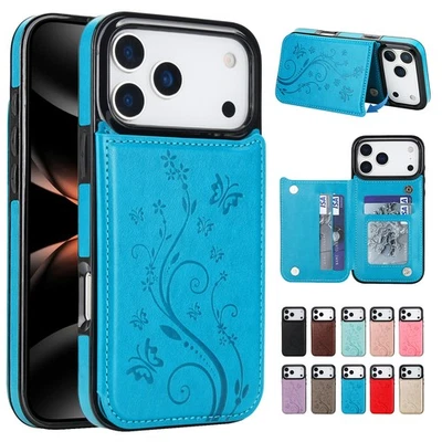 WOMEN Leather Card Wallet Case For iPhone 17 Air 16 15 14 13 Pro Max Flower - Image 1 of 4