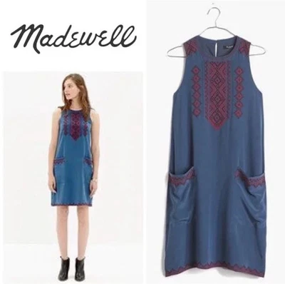 Vestido recto Madewell para mujer azul seda bordado sin mangas forrado talla pequeña Foto 1 de 4