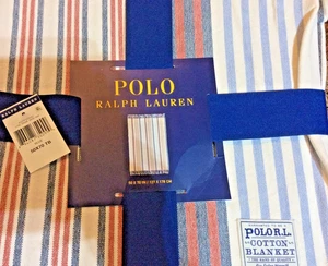 Polo Ralph Lauren 50x70 Gestreift Baumwolle Überwurf Decke Blau Rot Elfenbein Neu mit Etikett - Bild 1 von 1