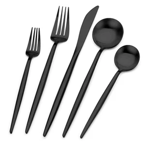 Ensemble d'argenterie noir mat, finition satinée en acier inoxydable, couverts couverts Se... - Photo 1/7