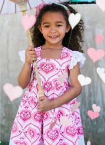 NWOT Eleanor Rose ALINA CANDY HEARTS Dress Girl 5-6 Cotton Bl White Eyelet Pink
