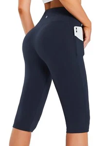 Women's Knee Length Leggings High Waisted Petite Yoga Workout Exercise Capris... - Picture 1 of 7