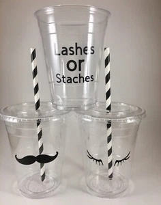 Lashes or Staches Party Cups SET OF 12 With Lids/Straws Baby Gender Reveal - Picture 1 of 1
