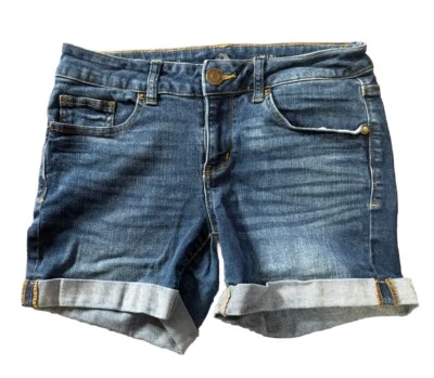 SO Womens Jean Shorts Size 7 Low Rise Midi Blue Denim Rolled Cuff Dark Wash 3654 - Image 1 of 4