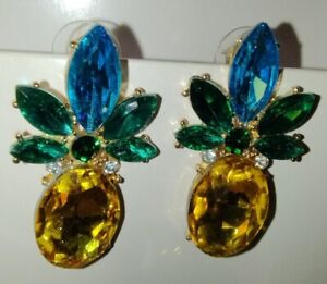 Betsey Johnson pineapple statement earrings with yellow, blue & green crystals.