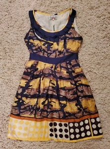 Yoana Baraschi Anthropologie Navy Blue Yellow Silk Sleeveless A-Line Dress Sz 2 - Picture 1 of 6