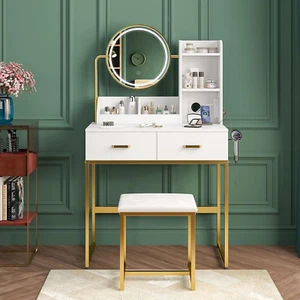 Makeup Vanity Desk Stool Set with LED Light and Charging Station, Dressing Table - Picture 1 of 12