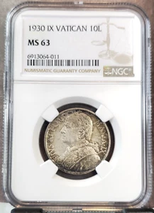 1930 VATICAN SILVER 10 LIRE S10L POPE PIUS XI NGC MS 63 NICE MINT STATE COIN - Picture 1 of 3