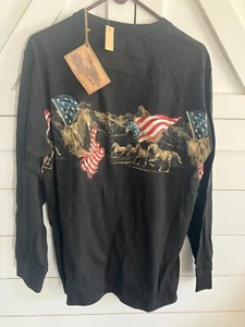 Mens Bit & Bridle Black long sleeve Tshirt Sz L American Flag Horses NWT - Picture 1 of 6