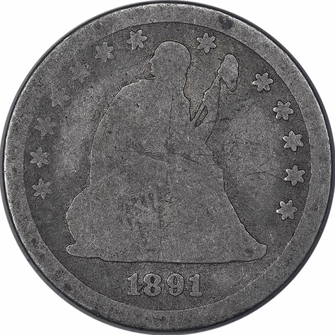1891-S Motto, Seated Liberty Quarter 25c Circulated, About Good - Scratched Rev Cover