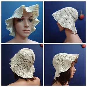 VTG Romanian Women Authentic Macrame Crochet Hand Made Cotton Summer Bucket Hat - Picture 1 of 20