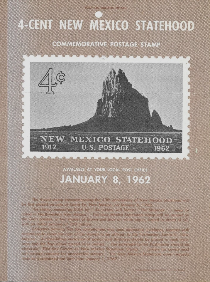 1962 4-cent New Mexico Statehood Commemorative Postal FDC Stamp Poster - Image 1 of 1