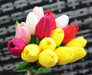 15pc Rainbow Multi Color Real Touch Tulip Bundle Artificial Flower Wedding R3 - Picture 1 of 3