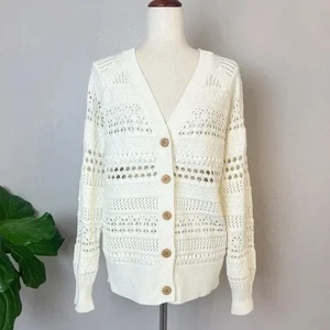 SUNDANCE Women Size L Off White Traveler’s Open Knit Button Up Cardigan Sweater - Picture 1 of 10