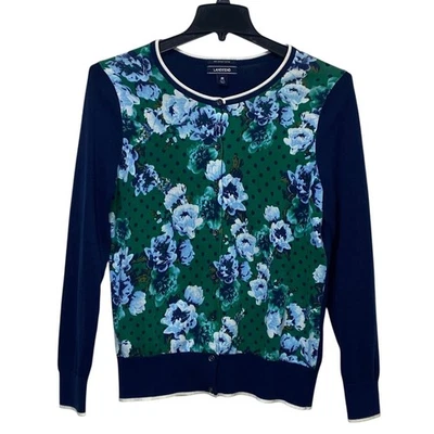 Lands End Cardigan Sweater Womens M Blue Green Floral Long Sleeves Supima Cotton - Image 1 of 4