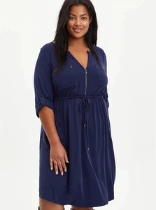Womens Torrid Zip-Front Shirt Dress - Cupro Navy Blue Boho Baggy Moto Size 2X - Picture 1 of 10