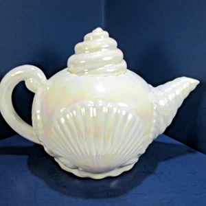 C S Pottery White Pearlized Iridescent Scalloped Seashell Ceramic Teapot w Lid - Picture 1 of 17