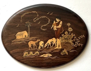 Vintage Hand Crafted Pastoral Marquetry Inlay Wall Hanging Wood Art Plaque - Picture 1 of 9