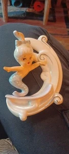 Rare!! Vintage Norcrest Ceramic Mermaid on Iridescent Wave Pink Surfboard WOW! - Picture 1 of 14