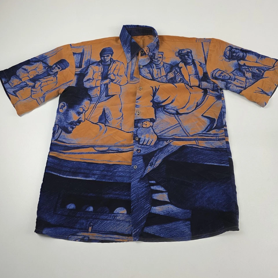 Рубашка хип-хоп мужская Karl Kani очень большая оранжевая синяя с графикой на пуговицах повсюду - Изображение 1 из 4