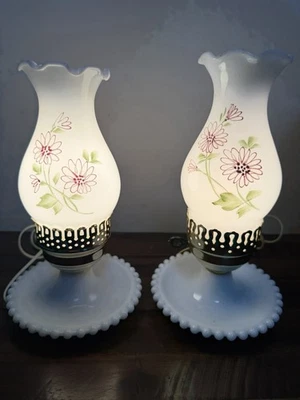 2 Milk Glass Parlor Chamberstick Lamps Floral Hand Painted Turn Key Bedside Lamp - Image 1 of 4