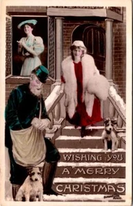 RPPC,  MERRY CHRISTMAS Mailman~Dogs~Woman~Fur Stole/Muff DAVIDSON BROS Postcard - Picture 1 of 2