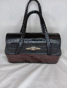 Borsa Brighton vintage anni 90 pelle goffrata marrone nero argento oro ferramenta usata in ottime condizioni - Foto 1 di 8