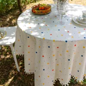 Round Tablecloth Colorful Tassel Linen Textured Decor Table Cover Indoor Dining - Picture 1 of 25