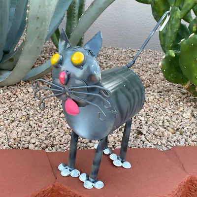 Metal Grey Cat | Handmade Yard Art Garden Decor | Landscape Sculpture - Image 1 of 3