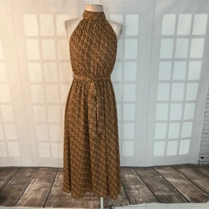 Worthington Brown High Neck Elastic Waist Belted Sleeveless Midi Dress Size 6 - Picture 1 of 9