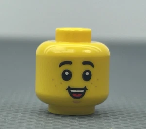 LEGO Yellow Child Minifigure Head Black Eyebrows Freckles Grin Open Mouth Smile - Picture 1 of 6