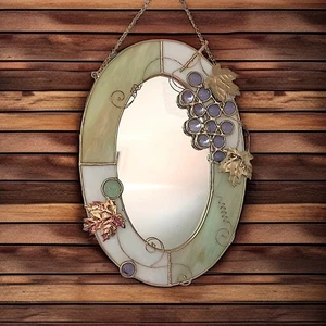 Vintage Stained Slag Glass Accent Mirror Tuscan Glass Wire Details Grapes Winery - Picture 1 of 23