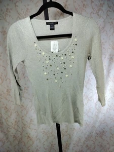 NWT August Silk Petite Silver, Gold, Bead & Pearl Metallic Sweater, Size PS - Picture 1 of 13