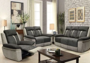 Fabric Manual Recliner 3 Seater Sofa, 2 Seater Sofa, Chair Grey Living Room Set - Picture 1 of 9