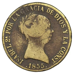 Espagne FAUX D'ÉPOQUE 10 reales 1855 Isabel II Laiton monnaie de faussaire - Picture 1 of 2